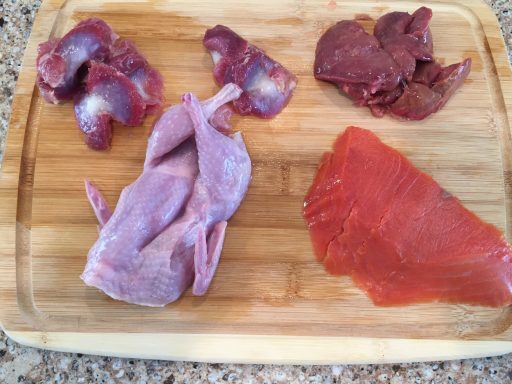 Texas Quail, California Turkey Heart, Rabbit Liver from Oregon, and Wild-Caught Alaska Salmon